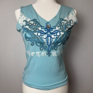 Vintage Y2K Sz LARGE Blue Tank Top Lace Embroidered Sequin Rhinestones VICTORIAN